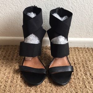 New Halogen Black High Heel Dress Sandal Leather With Elastic Criss Cross Strap